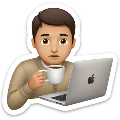 tired programmer with dark circles under his eyes drinks coffee with a laptop sticker
