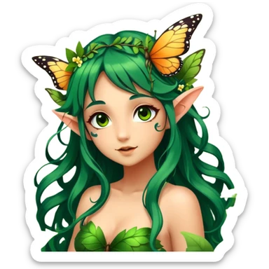 Cinematic Realistic Forest Nymph Fairy Portrait, head tilted playfully and inquisitively, showcasing a nature-inspired form with intricately detailed, sunlit tanned skin and cascading dark green hair interlaced with leaves and blossoms showing her large butterfly wings from her back. Her bright, curious eyes sparkle with forest mischief, rendered with lifelike clarity and warm, dappled lighting that captures the spirit of an enchanting woodland fairy ready to dance among the trees. sticker