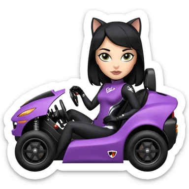 full size real-appearance electric road racing sexy CatWoman’s feminine midnight-colored tight outfit sixty’s tv show dark stealthy accurate sporty safe plush deluxe off-road pursuit drifting car jaguar accents (black hair,reclined and relaxed torso and shoulders seating position) cross kart  sticker