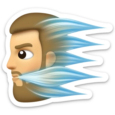 A high-resolution, stylized emoji illustration, in left-profile view, of a classic personified wind or "Boreas" face. A powerful stream of wind emanates from its puckered mouth, forming four distinct, swirling, light-blue-and-white stylized vapor trails that curl back on themselves. sticker