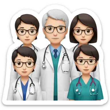 Four doctors standing together:

a female doctor with dark-colored short bob hair,

a young male doctor,

an older male doctor with white hair wearing glasses,

and a female doctor wearing glasses. sticker