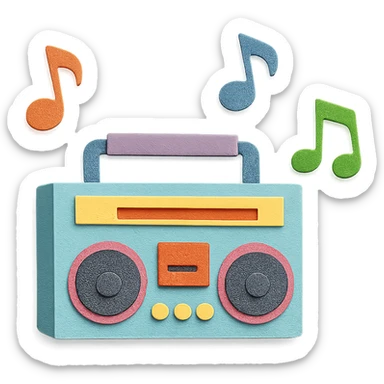paper-craft style boombox with colorful musical notes floating around sticker