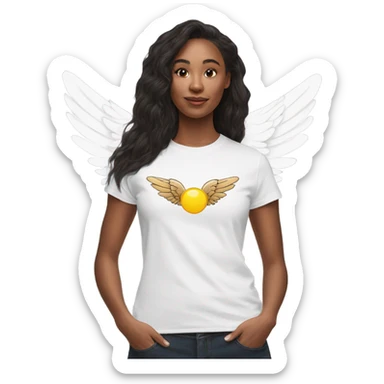 womans white t shirt with small drawing of wings on the front sticker