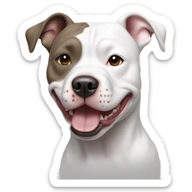 Smiling White American Staffordshire terrier with light gray/brown patches by only her left ear and blue eyes sticker