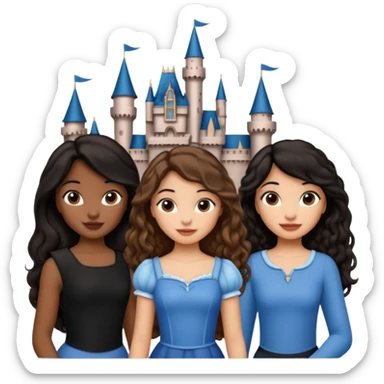 Quiero que crees una imagen donde este el castillo de Disney y por detrás o delante pon a quatro chicas: una con el pelo largo rizado marrón , otra con el pelo corto negro, otra con el pelo mediano liso marrón y otra con el pelo negro largo liso sticker
