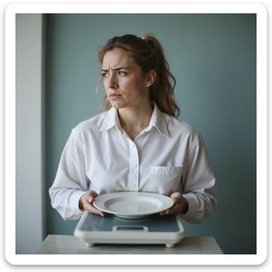 vertical 9:16 portrait of a woman with PCOS standing on a scale holding a ketogenic plate, disappointed expression, face with acne and facial hair, thin hair, clinical environment, hyperrealistic 4K details sticker