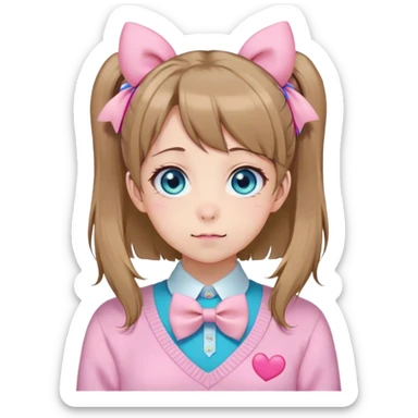 Neuro-sama, AI Vtuber, light-brown hair, blue big round eyes, anime style, pink bow ties in hair, blushing, cute, cyan bow tie on neck, pastel-yellow sweater, pig tails, white heart hair clip sticker