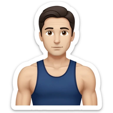 Fit man in his early 40s with light brown complexion. Elongated face with strong jawline. Attractive features with medium dark eyes and arched eyebrows. Straight nose. Confident expression. Medium-length wavy dark hair styled modernly. Wearing a dark blue athletic tank top. sticker