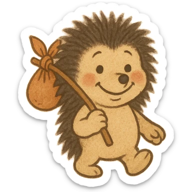emoji of a smiling hedgehog from a Soviet cartoon, holding a bindle, in the style of Soviet animation with soft colors, transparent background sticker