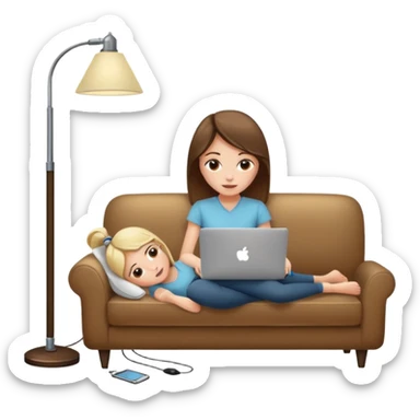 A girl is working with a laptop while lying on a sofa, with a floor lamp to the right. sticker