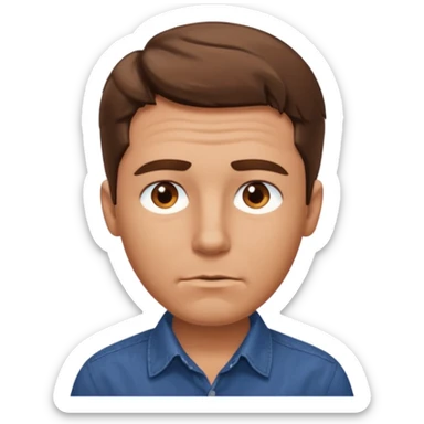 create an emoji of a man with wrinkles, oval face. he has an American look, messy brown hair, brown eyes, very slightly tanned skin, natural lips. he wears a short sleeve dark blue buttoned shirt sticker