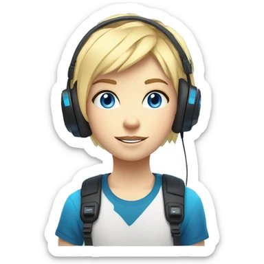 Blonde Short hair Gamer kid flat nose thin eyebrows with blue eyes with headset and gamepad with neon Lighting sticker