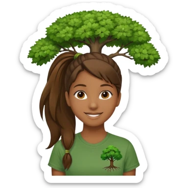 Make a zumba coach emoji, brown eyes, brown hair girl, green shirt withe "the roots" on it, longer pony tail hair, add the tree logo for the roots sticker
