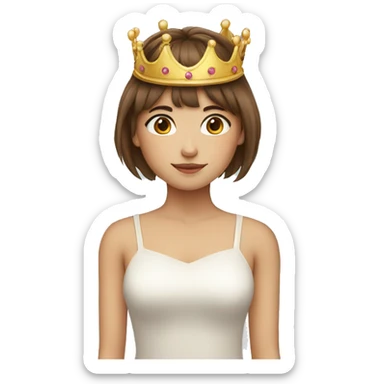 girl with long brown hair and bangs with a crown sticker