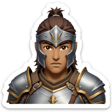 Cinematic Realistic WoW Human Warrior Portrait, head tilted epicly and inquisitively, showcasing a commanding presence and heroic grace. His chiseled features, resolute eyes, and meticulously crafted steel armor with leather accents in harmonious greys and bronzes are rendered with lifelike clarity and dramatic lighting, high shine, epic and awe-inspiring, embodying the spirit of a warrior poised for battle. sticker