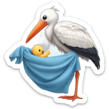 White stork carrying a blue bundle of cloth in its beak that has a human person cute baby human and the human baby head is peeking from the fabric the strok is carrying in its beak sticker