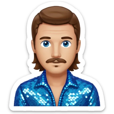 Benson Boone (b.2002), Pop Singer with blue eyes, brown long hair and thin mustache, icy blue sequin outfit sticker