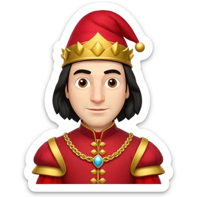 lord farquad avec un chapeau rouge plat sur le dessus, il a un vêtement rouge avec des manches bouffantes rouge et dorée sticker