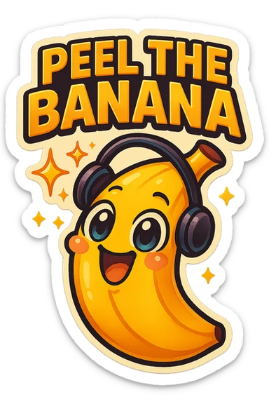 Funny cartoon banana, big happy smiling face, wearing tiny headphones, wide excited eyes, tiny sparkles around, text above: "NE BANANA", chibi style, Twitch emoji style, colorful, transparent background sticker
