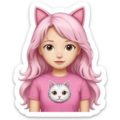 girl with long wavy white hair and cat ears wearing pink tshirt sticker
