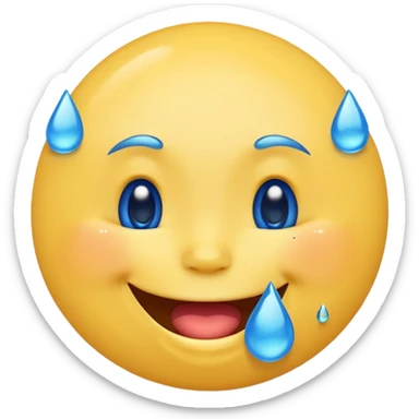Emoji, yellow round laughing face, blue tears of joy on it. 2 big blue tears on each of the 2 cheeks sticker