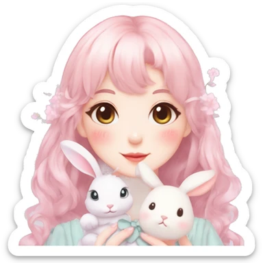 Gorgeous pastel anime style lady with blushing face and a bunny in her hands cottagecore fairycore pastelcore colorful pearly romantic simplistic aesthetic trending style sticker