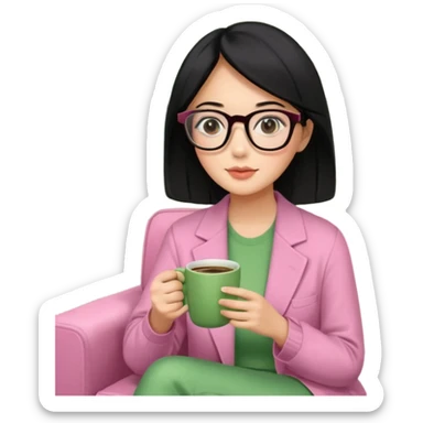 Chica de pelo negro ojos negros y piel morena con lentes oversize square GAFAS DE LEER BIEN GRANDES , ropa de color verde , sentada en una sala de casa , en la mano derecha una taza de cafe en color rosa con una flor negra de diseno. Sentada mirando un drama koreano en la television.  sticker