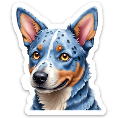 Cinematic Cute Blue Speckle Australian Cattle Dog Portrait Emoji, Head tilted playfully and inquisitively, featuring a vibrant blue speckle Fur with dynamic patterns, round, sparkling blue eyes filled with curiosity, Simplified yet irresistibly adorable features, highly detailed, glowing with a warm, friendly glow, high shine, affectionate and energetic, stylized with a touch of whimsy, bright and endearing, soft glowing outline, capturing the essence of a mischievous yet loving pup, so playful it feels like it could bound out of the screen and into your arms! sticker