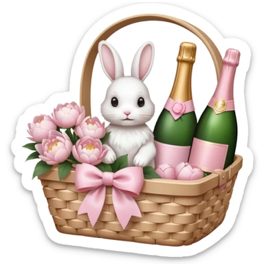 A white Picnic basket with light pink bow, white peonies, a white rabbit and one pink champage bottle inside sticker