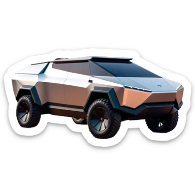 Tesla Cybertruck - A futuristic Tesla Cybertruck, angular and geometric with a sharp, triangular body shape. Stainless steel exoskeleton with a raw, unpainted, brushed-metal finish. A sleek, narrow LED light bar stretches across the entire front. Large, rugged off-road tires with exposed wheel arches. Smooth, handle-free doors and a slanted, armored rear with a retractable tonneau cover. Rear LED strip mirroring the front. The vehicle looks like a sci-fi-inspired, bulletproof stealth tank on wheels, set in a high-tech urban environment at sunset, with reflections on its metallic surface. sticker