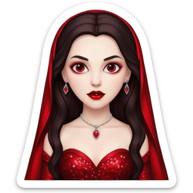 Bride of Dracula with long dark brown hair, red sequin outfit sticker