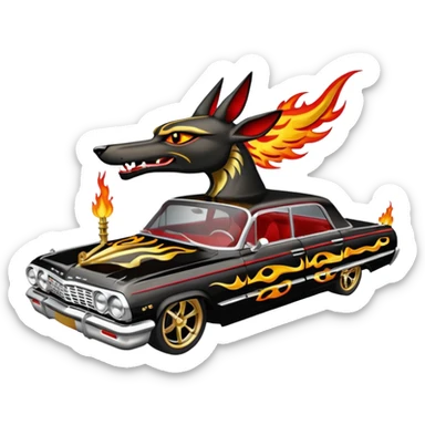 Satans Hot rod custom 1964 impala low rider four door Anubis theme painted hood flaming side-pipes sticker