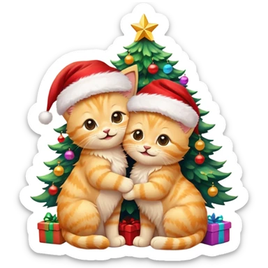 2 cute hugging smiling golden fluffy kittens with Santa hats by a colorful multicolored brightly lit up Christmas tree sticker