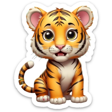 Cinematic Comical Tiger Cub Portrait Emoji, Head tilted dramatically with an exaggeratedly shocked expression, featuring a compact, endearing build with wide, comically expressive eyes full of humorous disbelief, Simplified yet hilariously expressive features, highly detailed, glowing with a slightly sassy wild glow, high shine, dramatic yet playful, stylized with an air of quirky feline attitude, soft glowing outline, capturing the essence of a meme-worthy tiger cub that looks ready to side-eye its way into viral fame! sticker