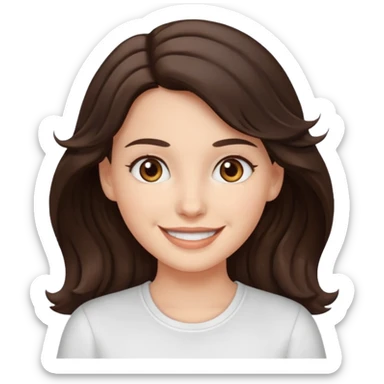 A White girl with wavy and dark hair, light brown eyes and a white shirt smiling sticker