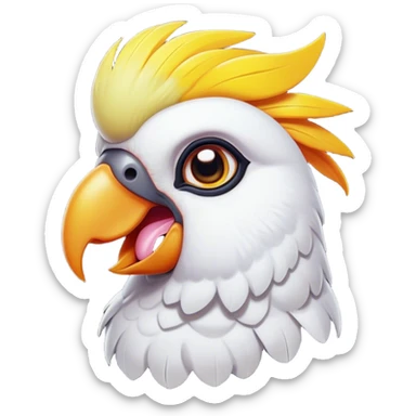 Cinematic Comical Cockatoo Portrait Emoji, Head tilted dramatically with an exaggeratedly shocked expression, featuring a striking, crest-adorned head with wide, comically expressive eyes full of playful disbelief and a vibrant, animated beak, Simplified yet hilariously expressive features, highly detailed, glowing with a slightly sassy tropical glow, high shine, dramatic yet playful, stylized with an air of cheeky avian mischief, soft glowing outline, capturing the essence of a meme-worthy cockatoo that looks ready to squawk its way into viral fame! sticker