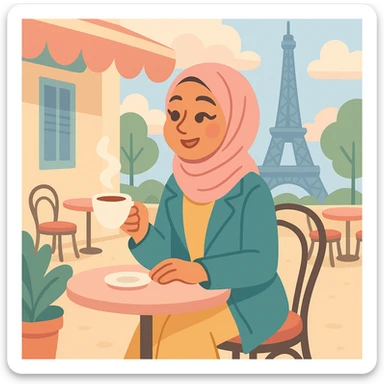 A hijabi woman enjoying coffee at a Parisian café terrace, with the Eiffel Tower in the background, chic and fashionable, soft pastel colors. sticker