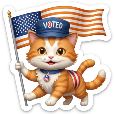 happy cat running for president with an "i voted" sticker and an american flag hat sticker