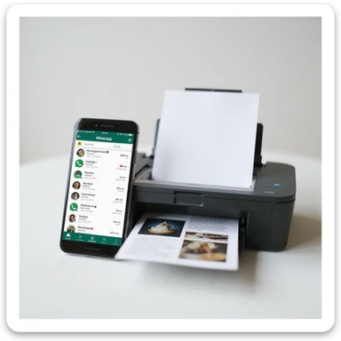 realistic thumbnail for a WhatsApp print out service, smartphone on the left with WhatsApp chat showing multiple file types, printer on the right printing out images and documents, clean background sticker