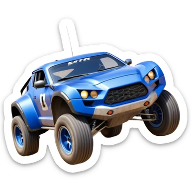 Satan’s (post race) ultra blue wide-body Dirty and dented Local Motors Rally Fighter off road race car hot rod flying turning a tight corner (silver wheels) sticker
