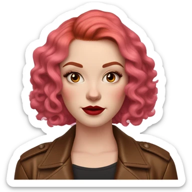 Woman with very pale skin, bright red curly short bob hair that is parted on the side, heavy cat-eye makeup, long eyelashes, bright pink blush and bright pink lipstick.  Her eyebrows are dark, arched and very high.  Hazel eyes. Wearing a leather jacket  sticker