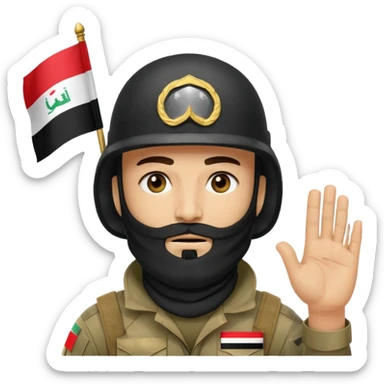 surrenders, depicts an Iraqi soldier from 1980, with a beard, in a helmet, a helmet with sign flag Iraq, with a balaclava, with sad eyes and both hands raised up sticker