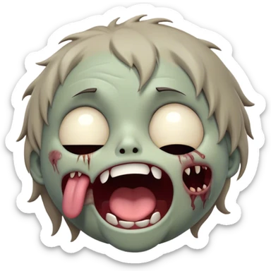 Cinematic Cute Yawning Zombie Portrait Emoji, with a delightfully quirky, slightly disheveled face in muted ashen tones, head tilted back in a big, funny yawn that reveals quirky stitches and playful gaps, simplified yet irresistibly charming, highly detailed with a soft, eerie glowing outline capturing the sleepy, offbeat vibe of a zombie taking a nap! sticker
