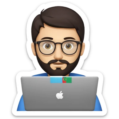 23 year old Azerbaijani man with very dark brown hair and beard with glasses and laptop , light yellow skin face, not european sticker