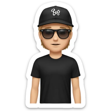 “Emoji of a white man with light brown hair under a black baseball cap, wearing a black t‑shirt and 1980s‑style black Ray‑Ban rectangle sunglasses, with black musical notes floating around his head, modern iOS emoji style. sticker