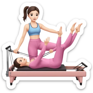 white brunette girl in light pink workout clothes doing pilates on a reformer sticker