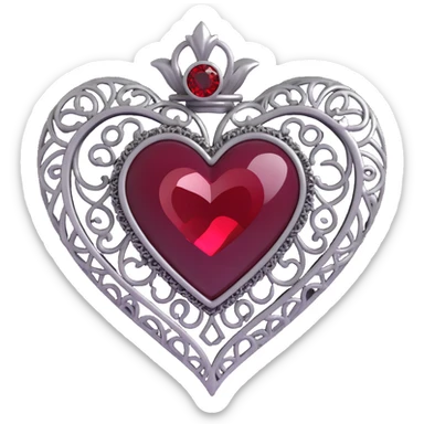3D emoji gothic heart, black velvet texture, ornate silver filigree, deep red gemstone center, dramatic and elegant sticker