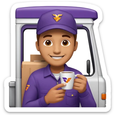 emoji of FedEx delivery man is sipping coffe while sitting in the FedEx truck sticker