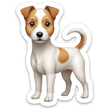 a full body slightly chubby white parson russell terrier looking dog the size of a kelpie with light brown long ears and a light brown patch on one eye and a large snout sticker