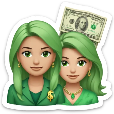 A girl who is smiling on one side and frowning on the other. On the side that is frowning, her hair and clothing is made of green money, and her eyelashes are made of dollar signs. On the side that is smiling, she has beautiful hair, makeup, clothes and jewelry on. sticker